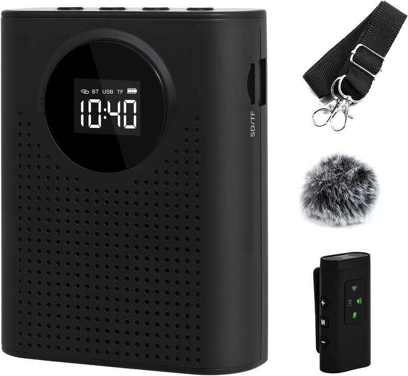 AURTEC Voice Amplifier with Magnetic Wireless Lavalier Microphone, Portable Amplifier with 2.4G Wireless Microphone, Supports Bluetooth, TF Card, USB Flash Drive and AUX Input Black - Image 1